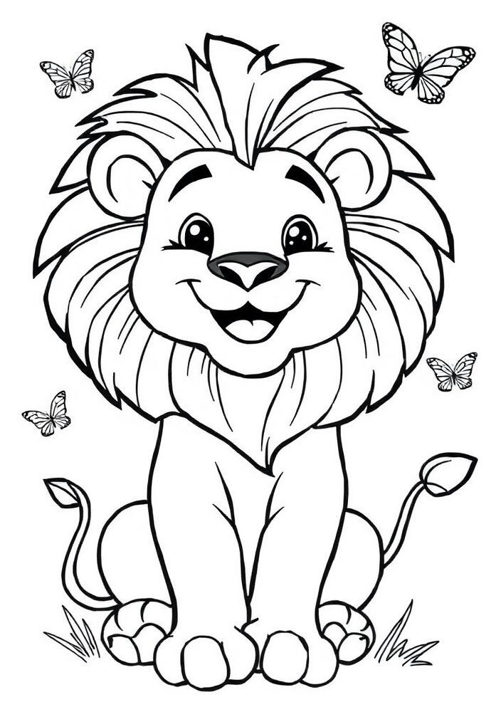 Desenho de Leão Brincando com Borboletas para colorir