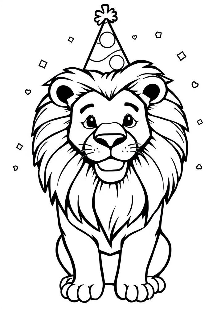 Desenho de Leão com Chapéu de Festa para colorir