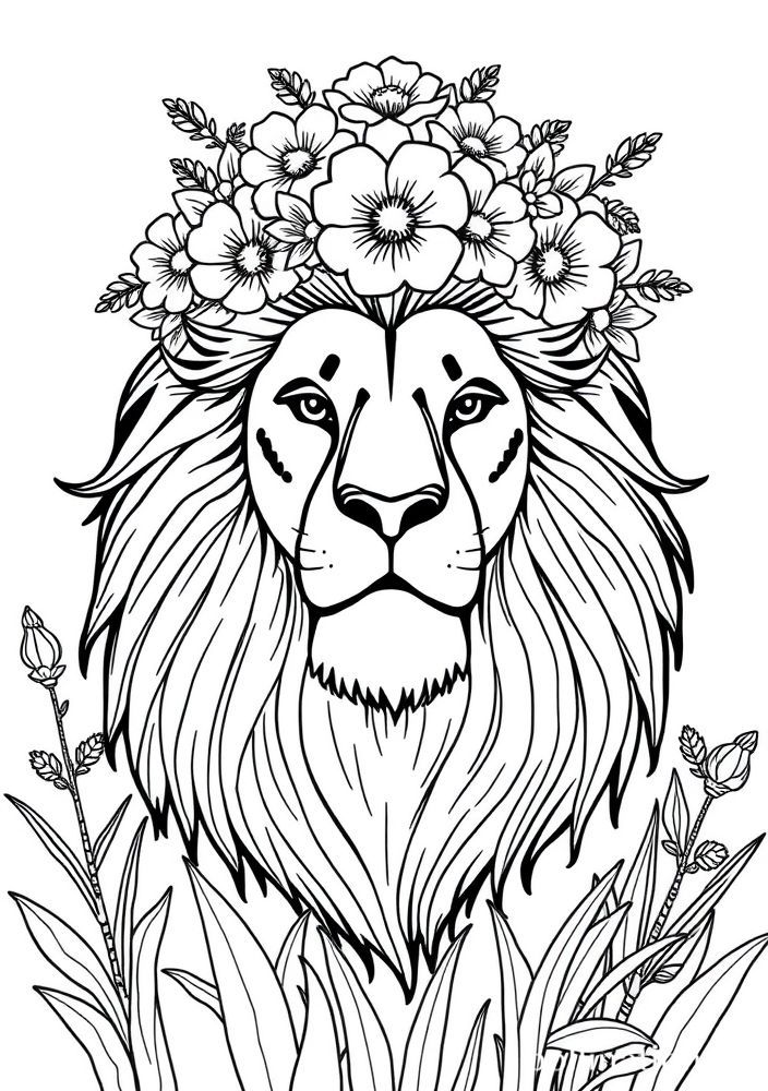 Desenho de Leão com Flores para colorir