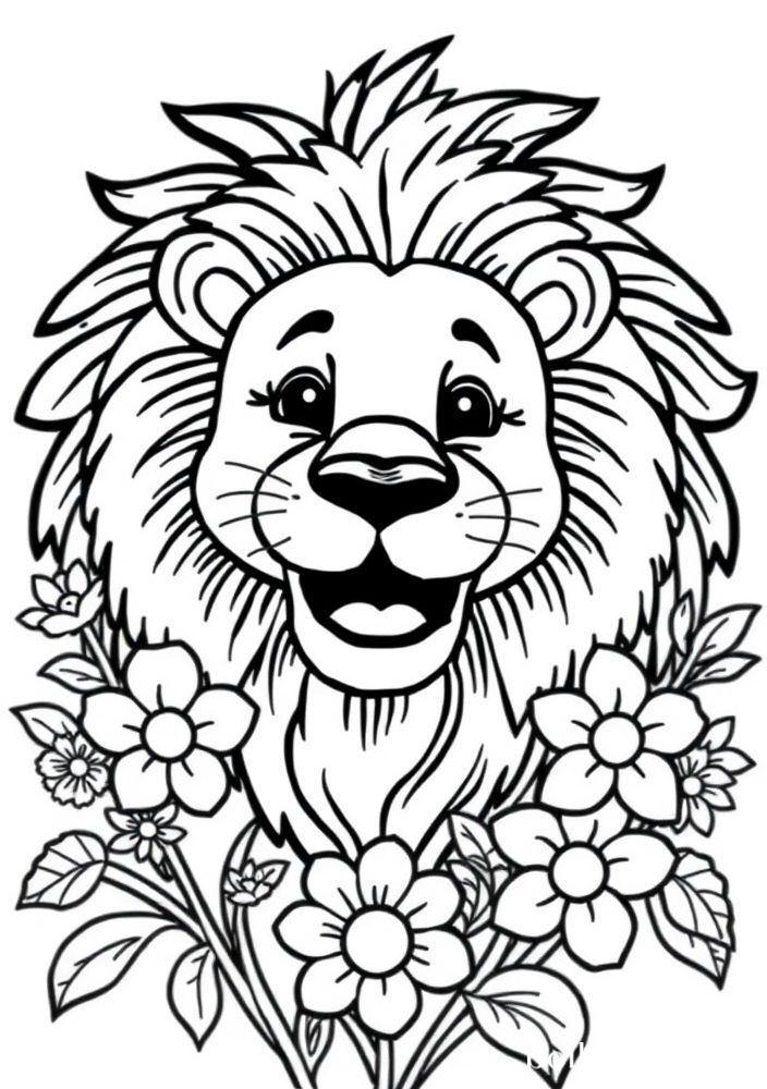 Desenho de Leão com Flores para colorir