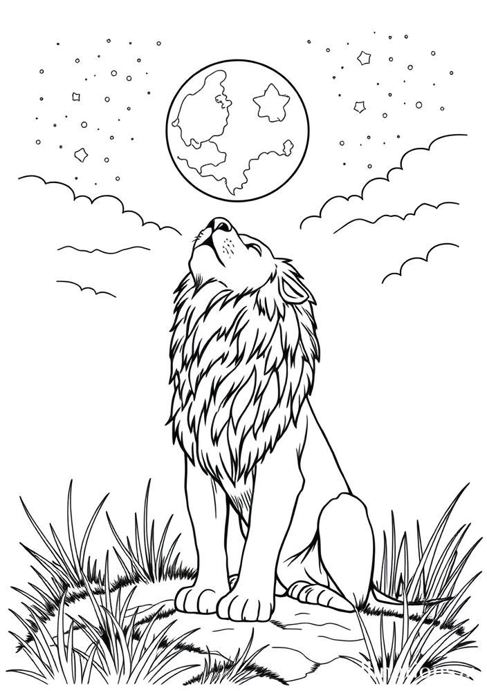 Desenho de Leão com a Lua para Colorir