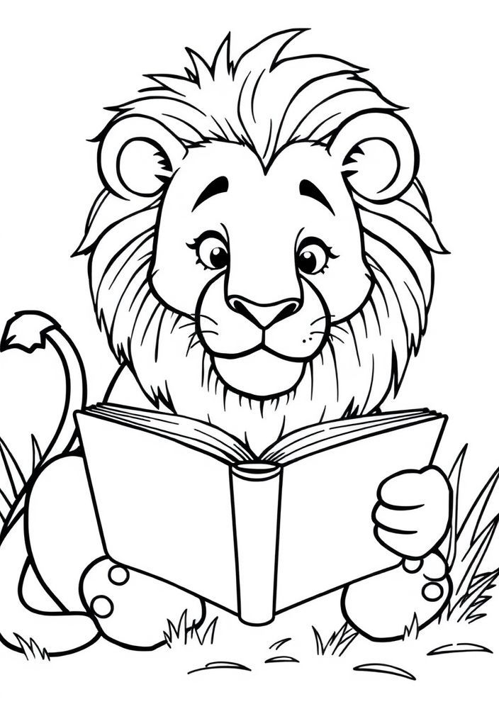 Desenho de Leão com um Livro para colorir