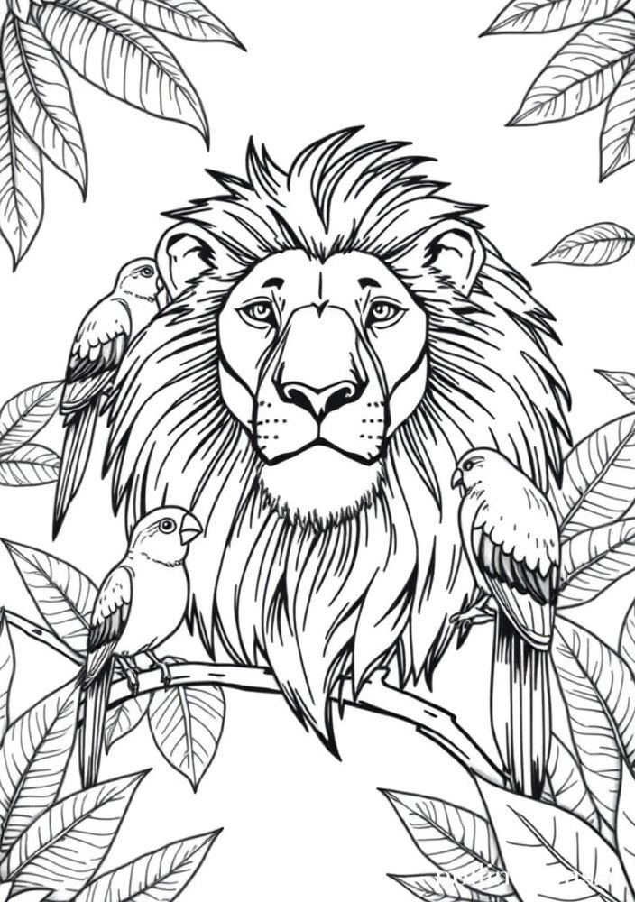 Desenho de Leão e Aves do Paraíso para colorir