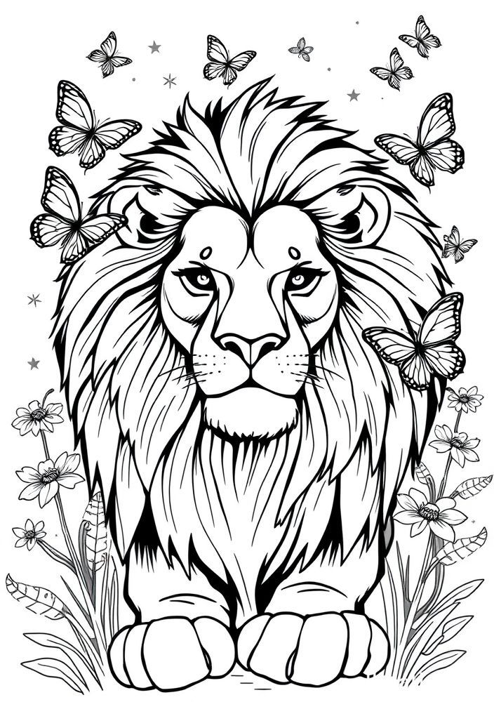 Desenho de Leão e Borboletas para colorir