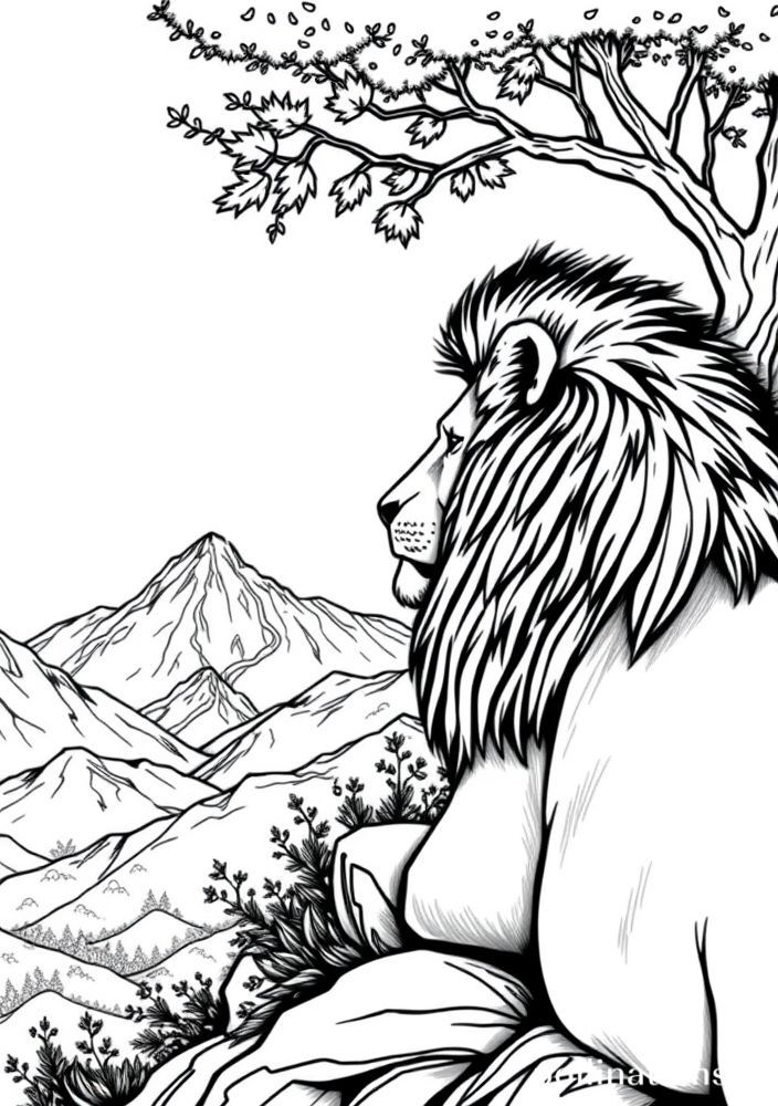 Desenho de Leão e Montanhas ao Fundo para colorir