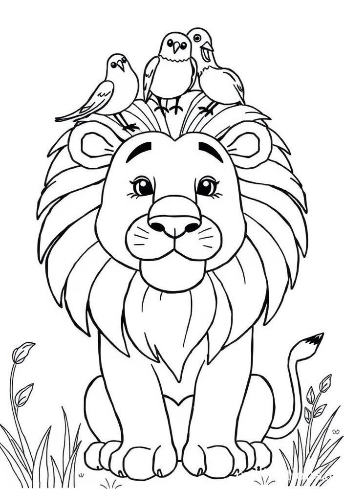 Desenho de Leão e Pássaros em Cima da Cabeça para colorir