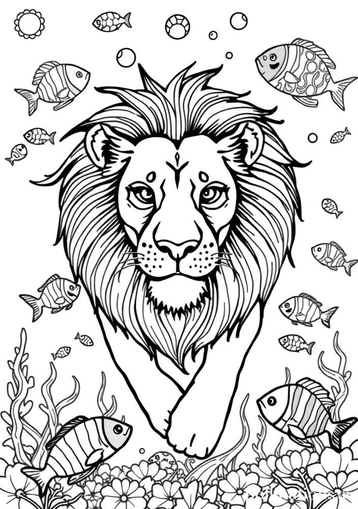 Desenho de Leão e Peixes Subaquáticos para colorir