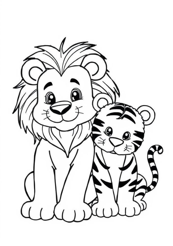 Desenho de Leão e Tigre Amigo para colorir