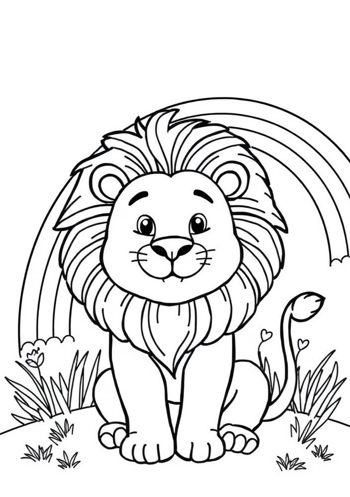 Desenho de Leão e Um Arco-Íris para Colorir