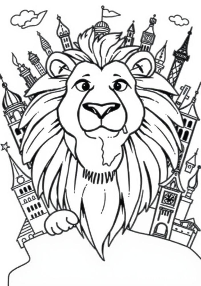 Desenho de Leão e o Mundo ao Seu Redor para colorir