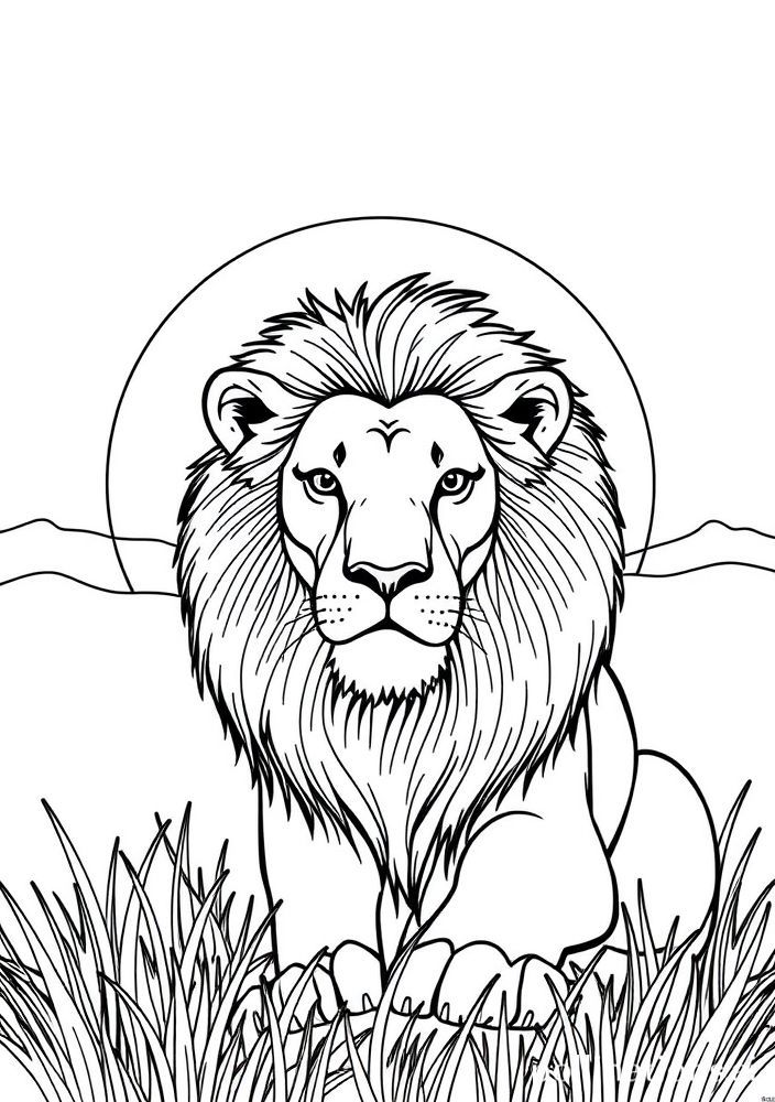Desenho de Leão e o Sol Nascente para Colorir