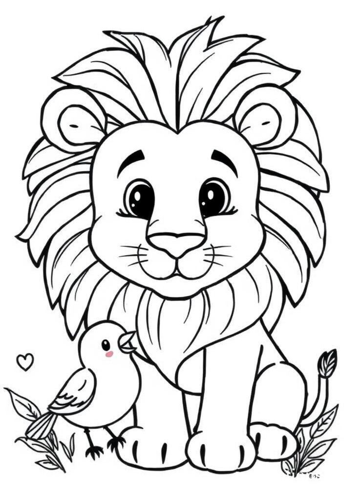 Desenho de Leão e seu Passarinho Amigo para colorir