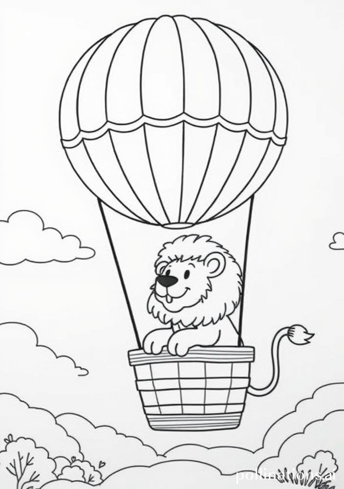 Desenho de Leão em um Balão de Ar Quente para colorir