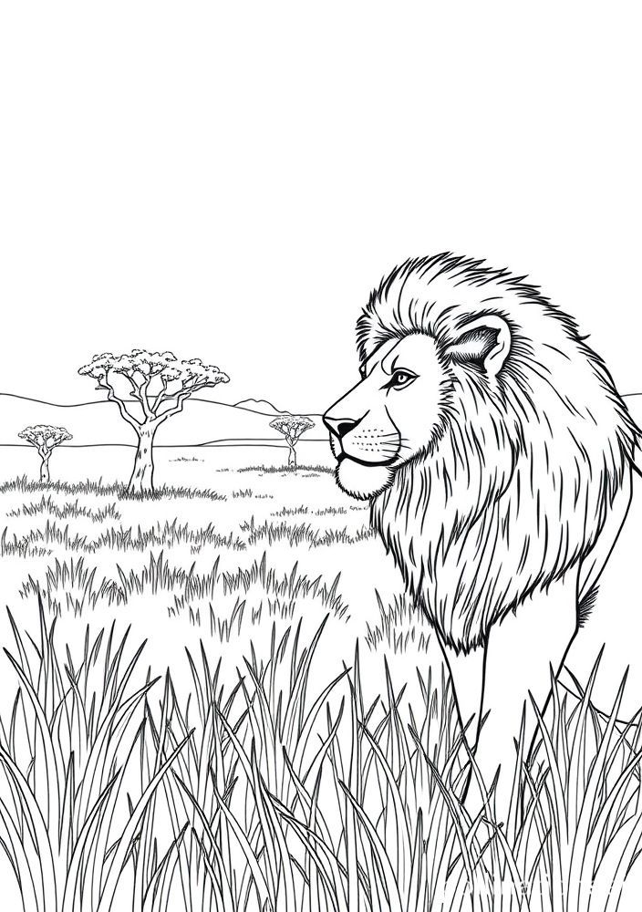 Desenho de Leão em uma Savana para colorir