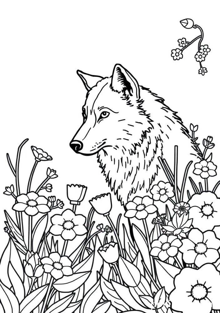 Desenho de Lobo em Jardim Florido para colorir