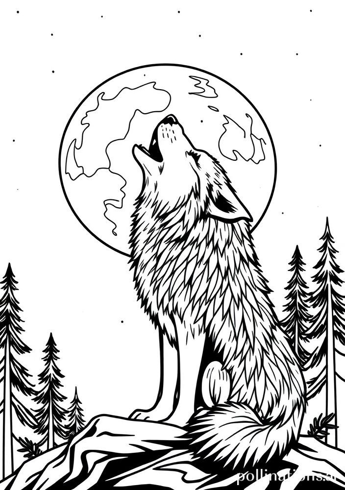 Desenho de Lobo uivando para a lua para colorir