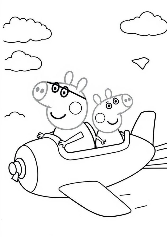 Desenho de Mãe Pig e Peppa em um avião para colorir