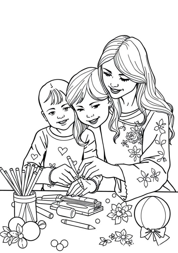 Desenho de Mãe e Filha Fazendo Artesanato para colorir