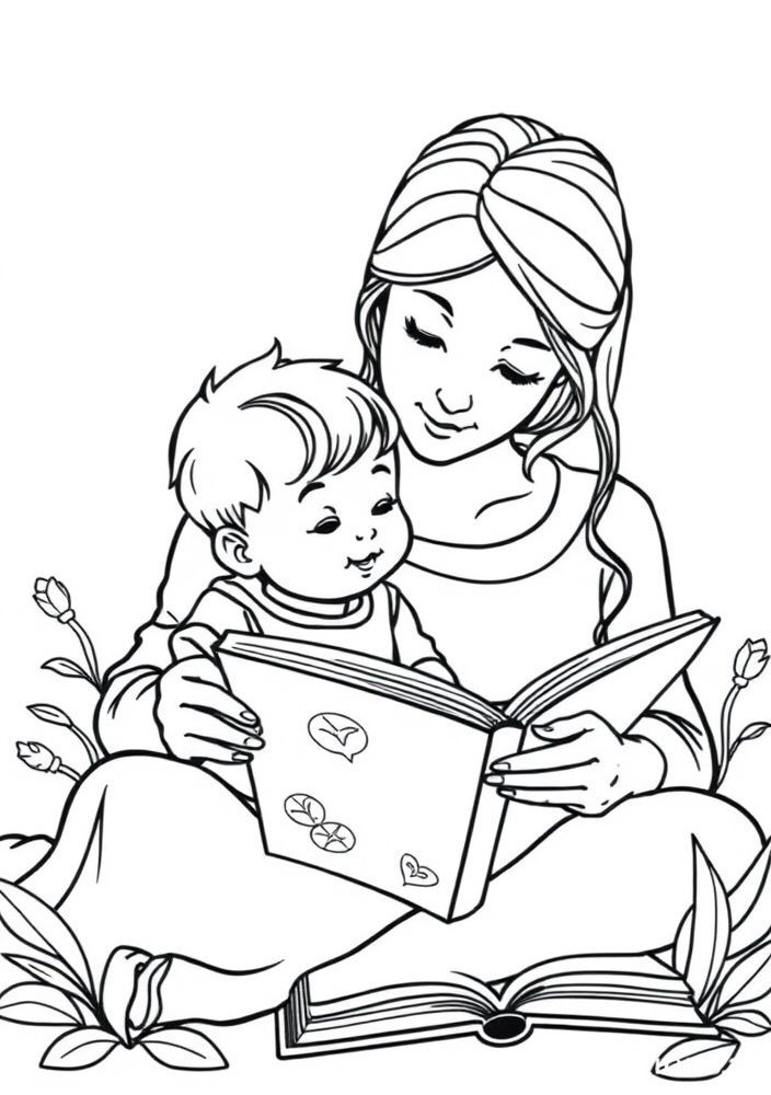 Desenho de Mãe e Filho Lendo Juntos para colorir