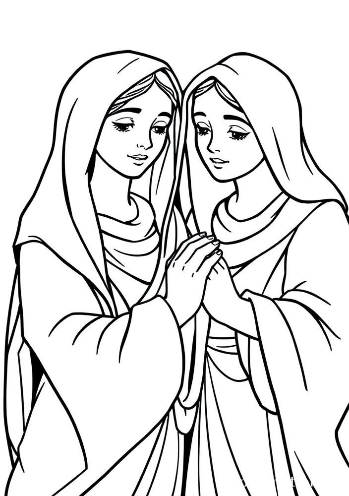 Desenho de Maria e Marta com Jesus para colorir