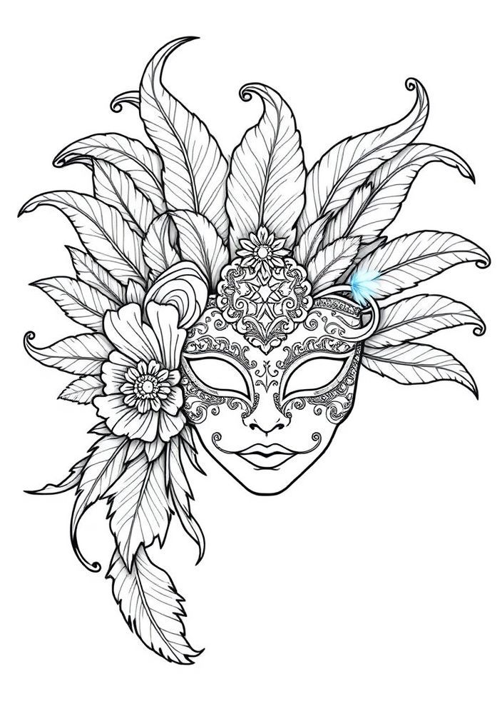 Desenho de Máscara de Carnaval com penas para colorir