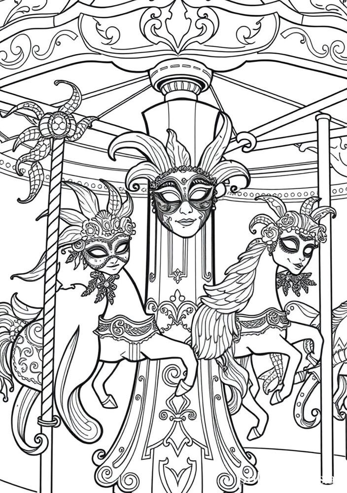 Desenho de Máscaras de Carnaval em um Carrossel para colorir