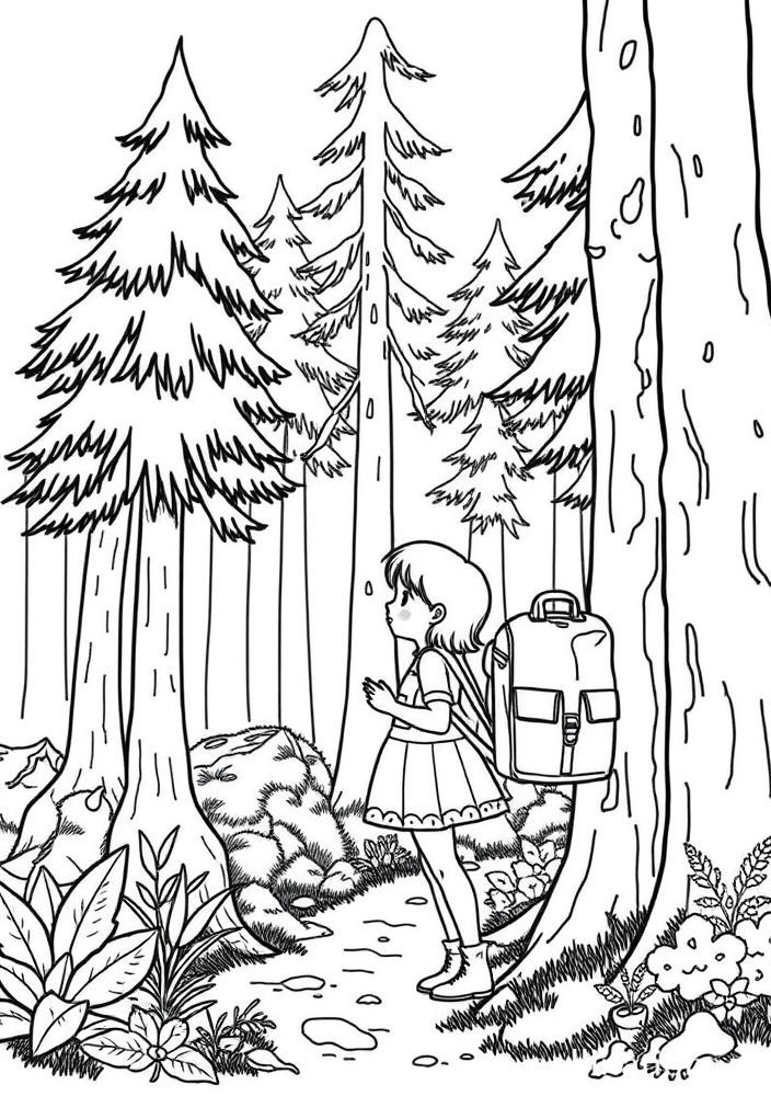 Desenho de Menina Aventurando-se na Floresta para colorir