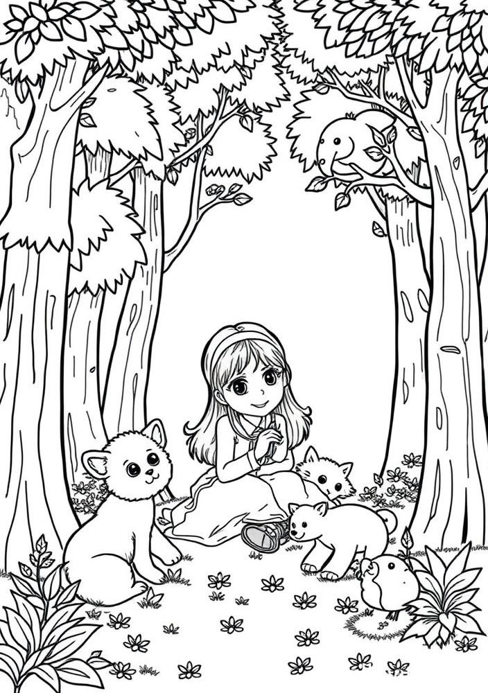 Desenho de Menina Brincando com Animais para Colorir