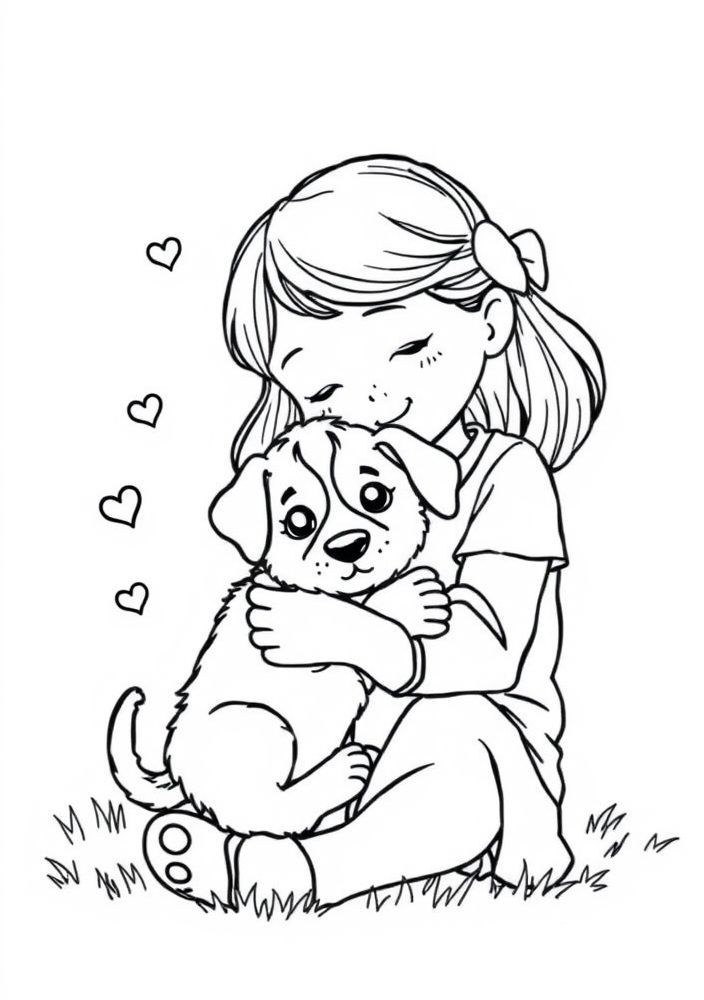 Desenho de Menina Com Animais de Estimação para Colorir