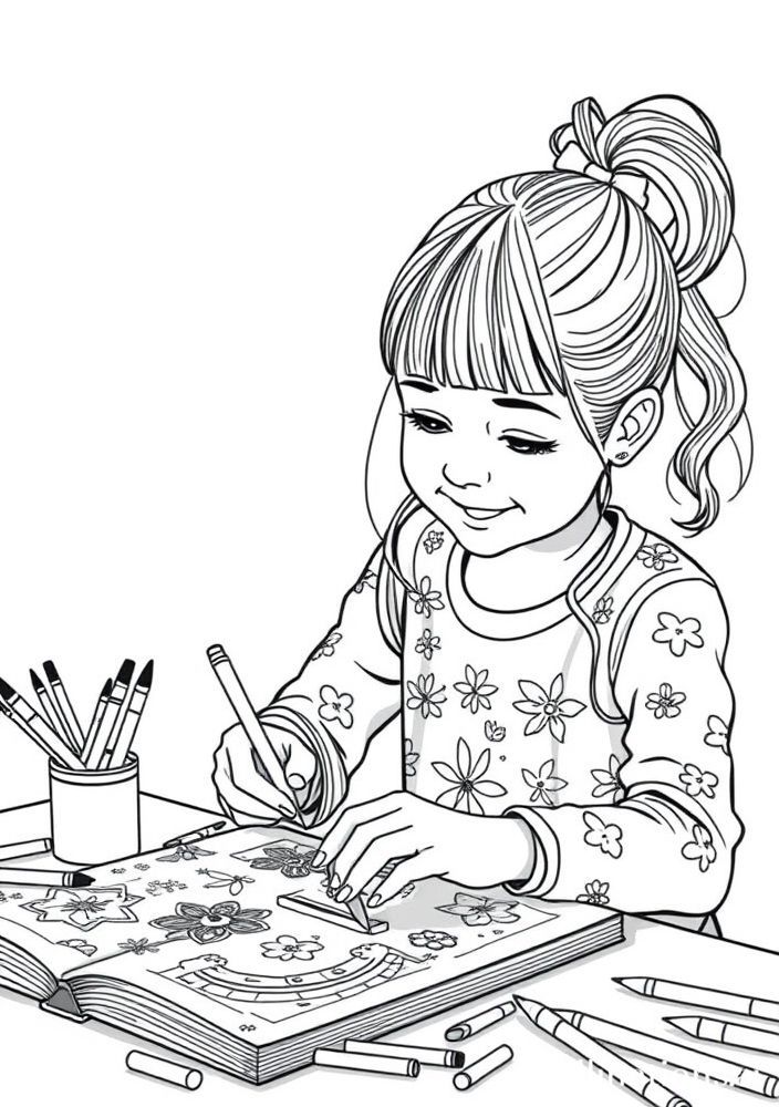 Desenho de Menina Fazendo Artesanato para Colorir
