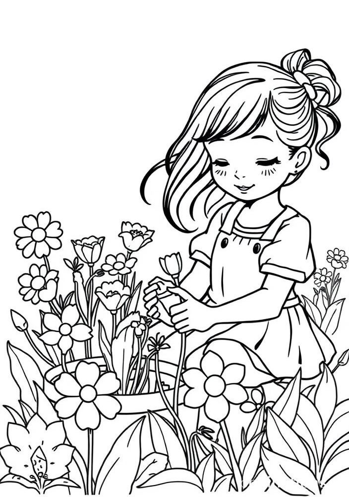 Desenho de Menina Plantando Flores para Colorir