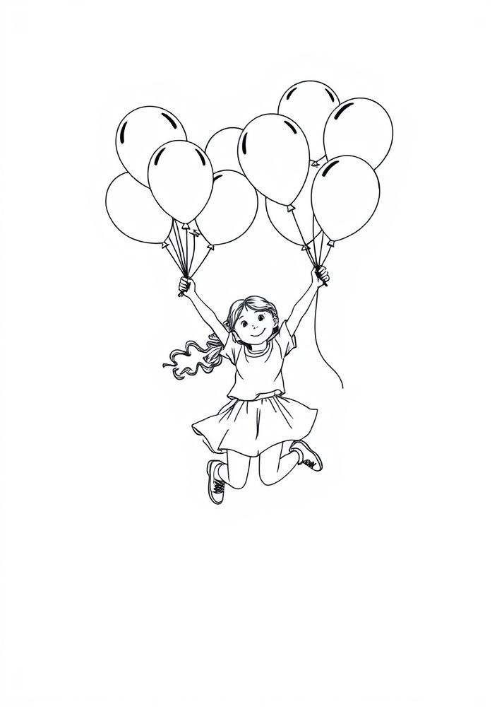 Desenho de Menina Pulando com Balões para colorir