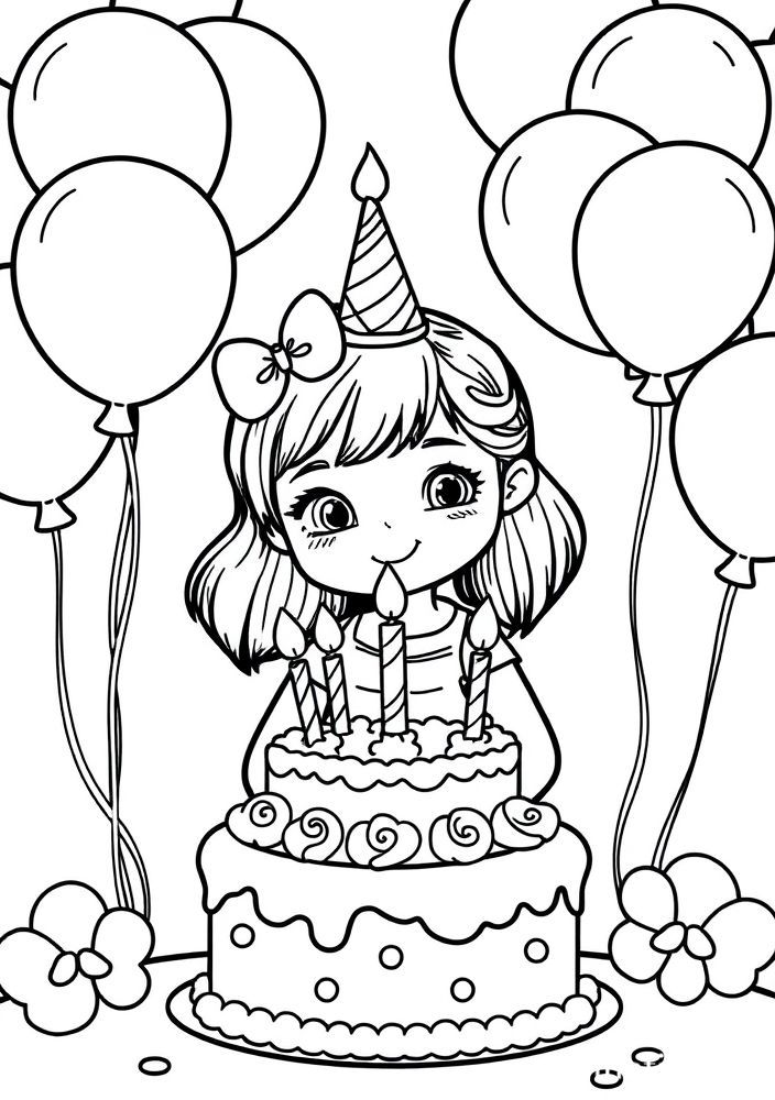 Desenho de Menina com Bolo de Aniversário para colorir