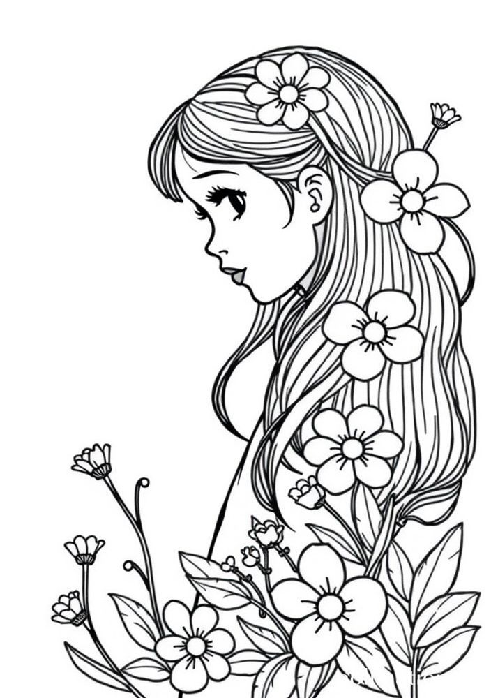 Desenho de Menina com Flores para colorir