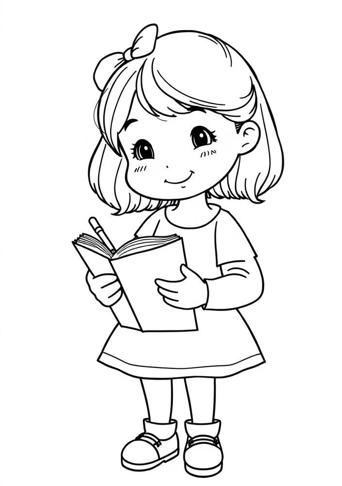 Desenho de Menina com Livro e Caneta para colorir