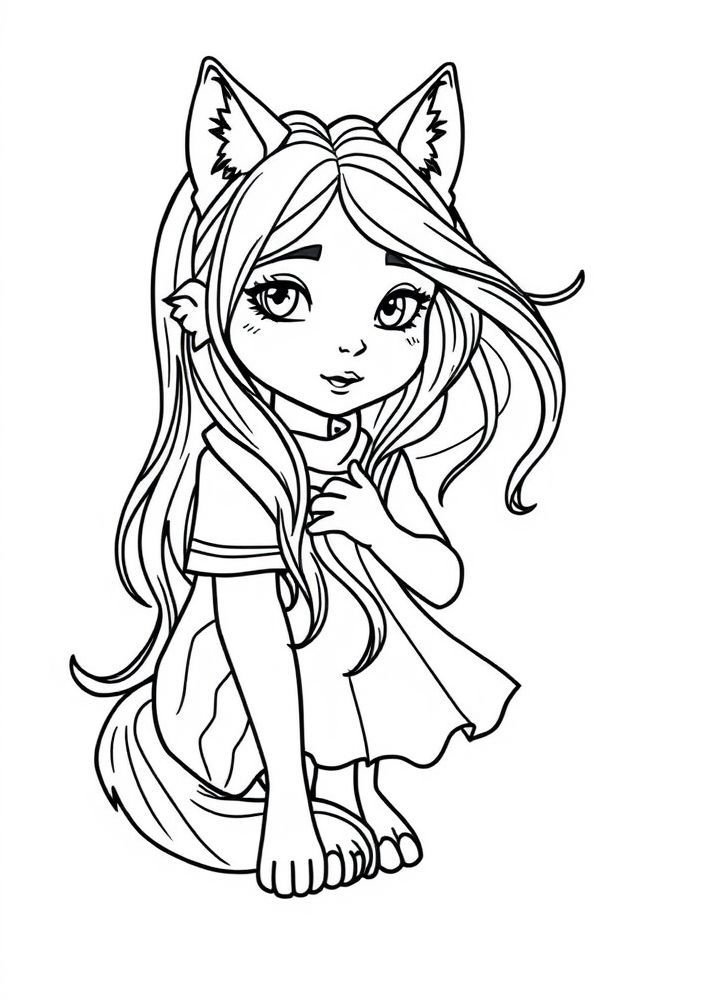 Desenho de Menina com Lobo para colorir