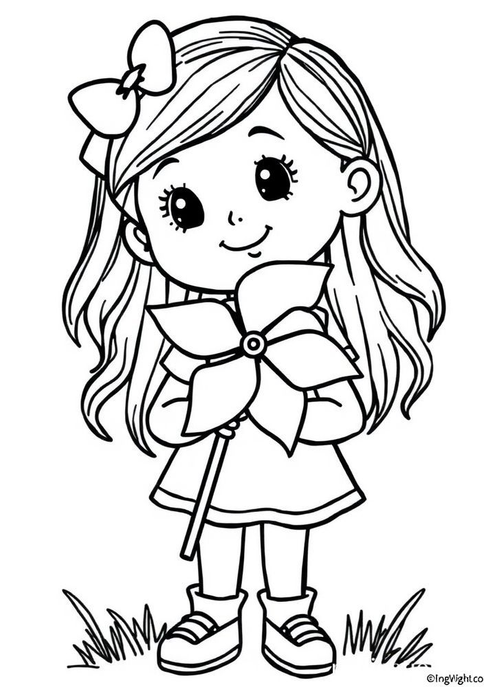 Desenho de Menina com catavento para colorir