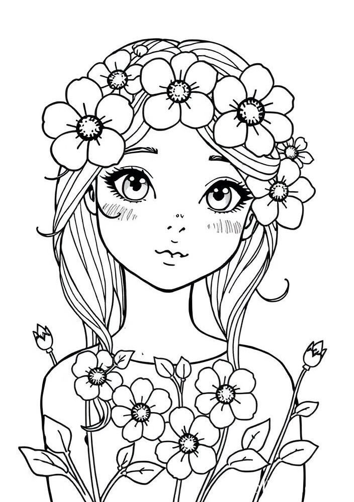 Desenho de Menina com flores na cabeça para colorir