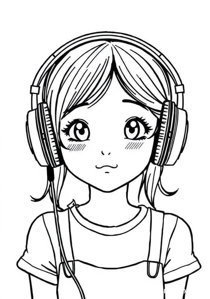 Desenho de Menina com fones de ouvido para colorir