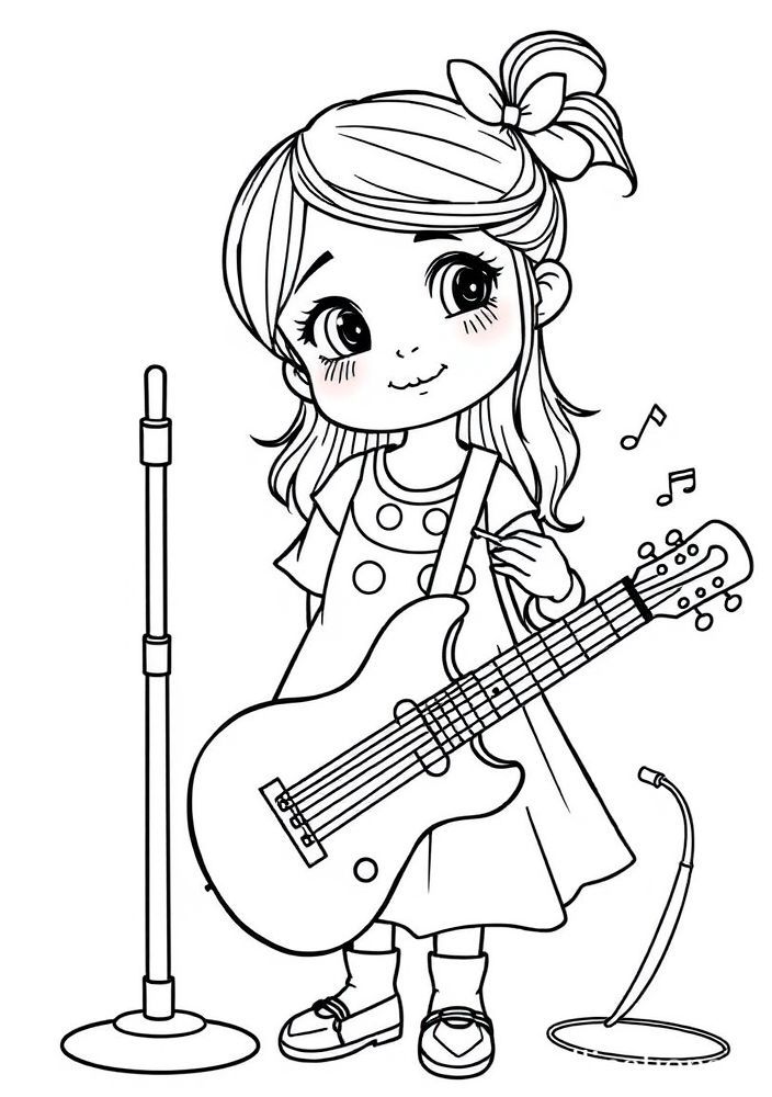 Desenho de Menina com instrumentos musicais para colorir
