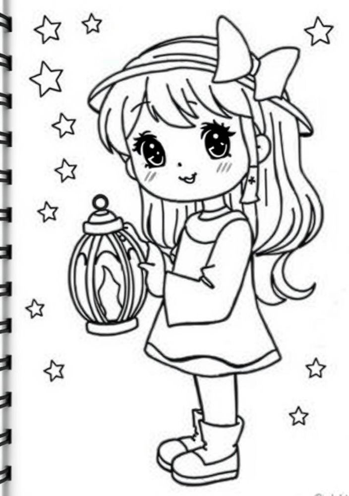 Desenho de Menina com lanterna e estrelas para colorir