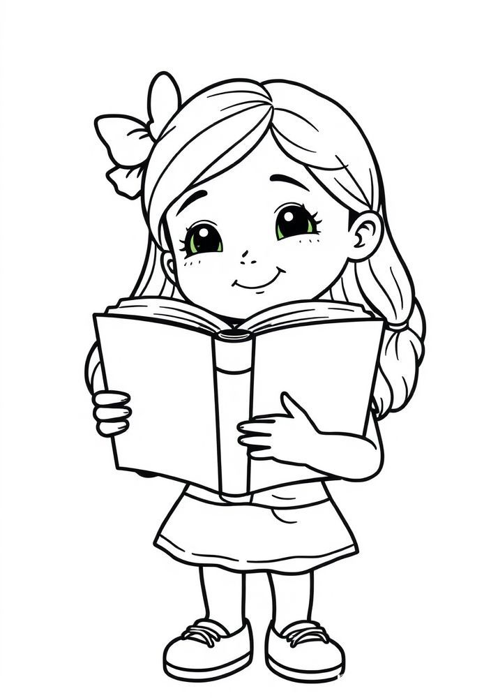 Desenho de Menina com livro na mão para colorir