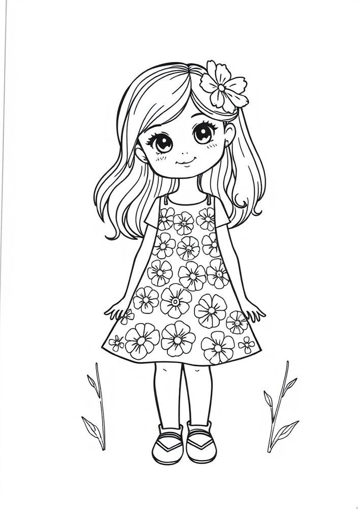 Desenho de Menina de vestido florido para colorir