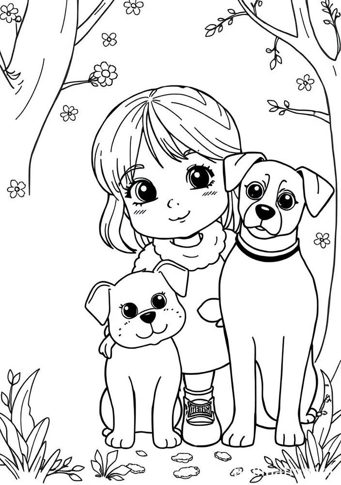 Desenho de Menina e Bichinhos de Estimação para colorir