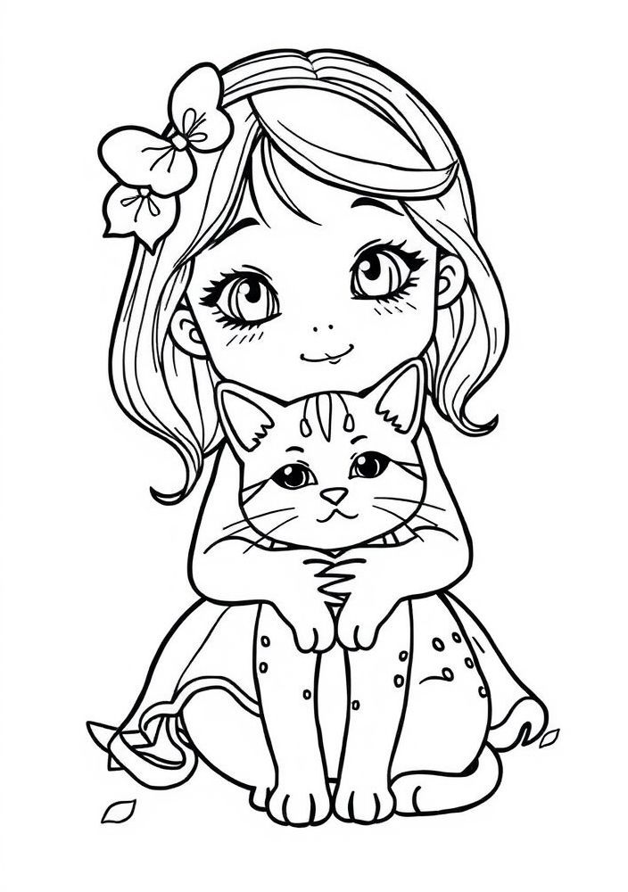 Desenho de Menina e seu Gato para colorir
