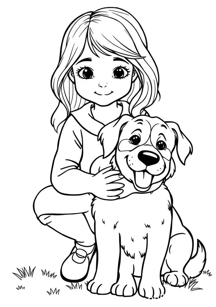 Desenho de Menina e seu cachorro para colorir