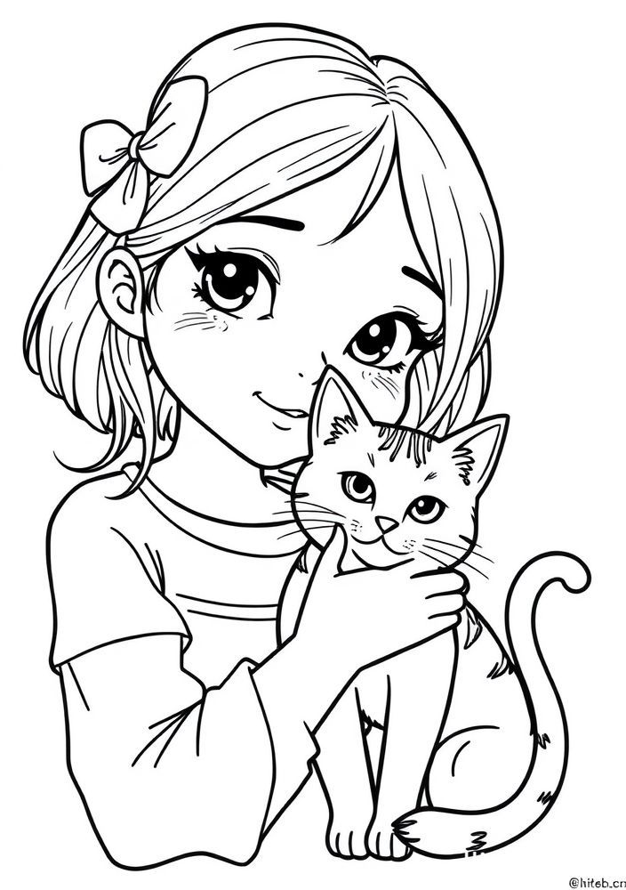 Desenho de Menina e seu gato para colorir