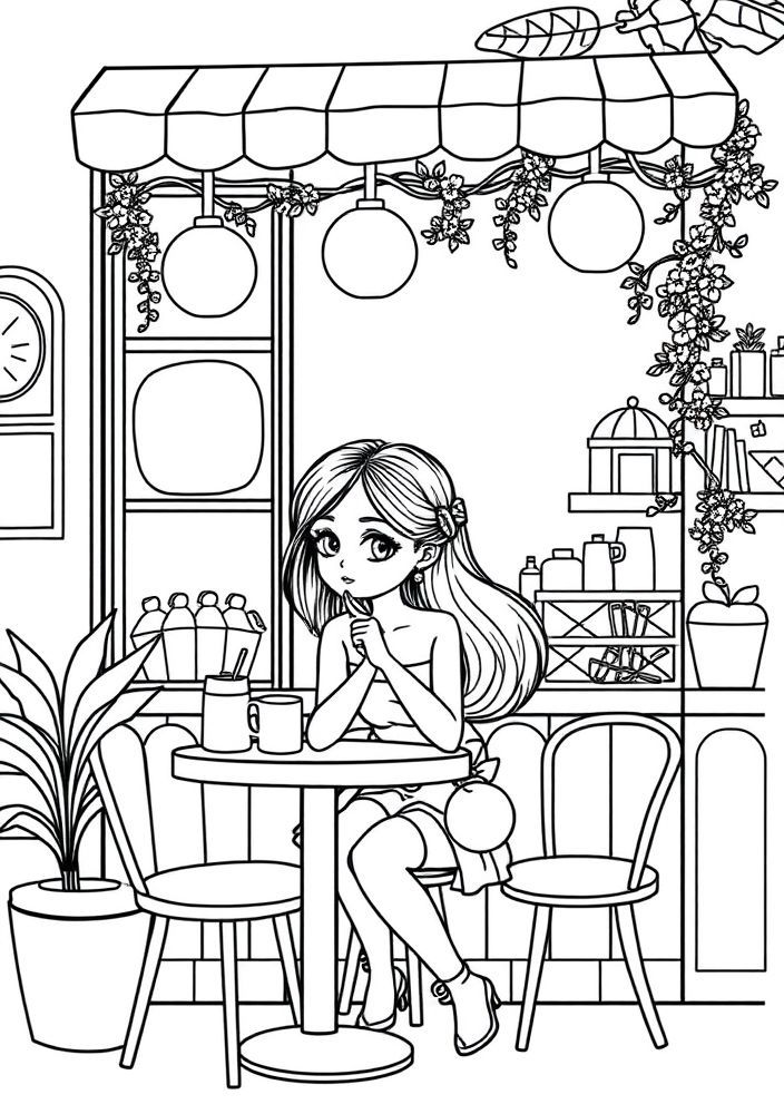 Desenho de Menina em um Café para colorir
