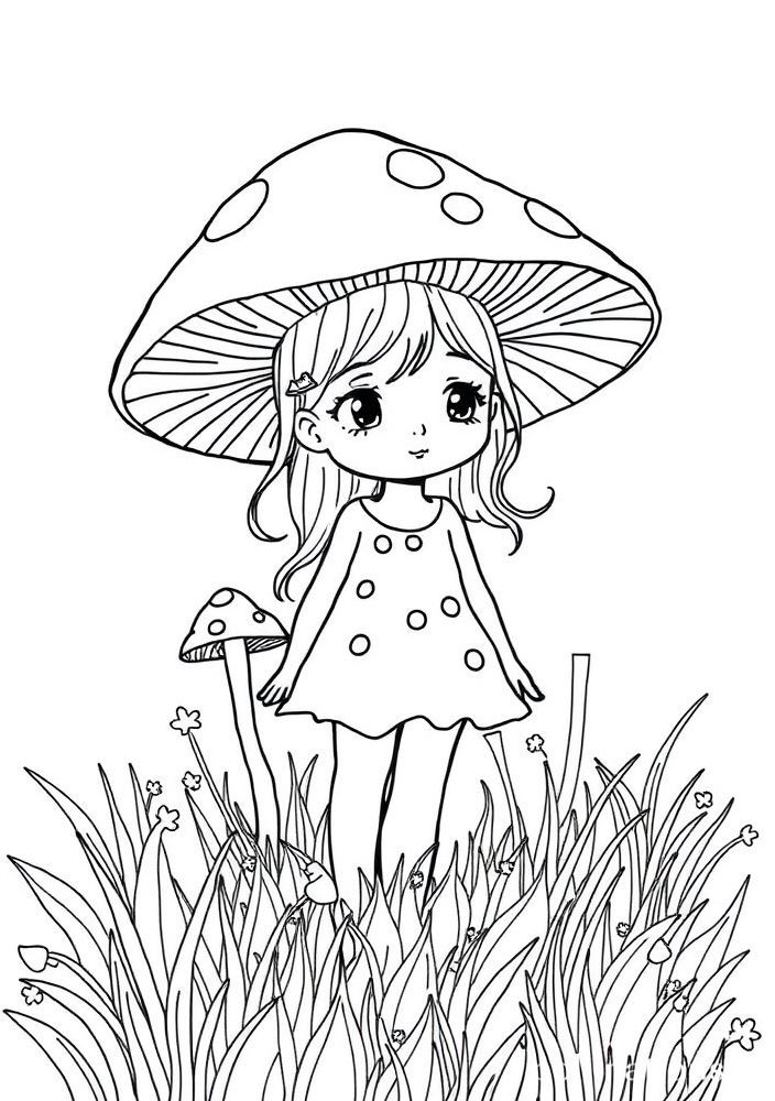 Desenho de Menina em um Campo de Cogumelos para colorir