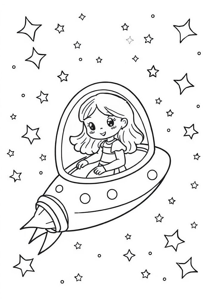 Desenho de Menina em uma Aventura Espacial para Colorir